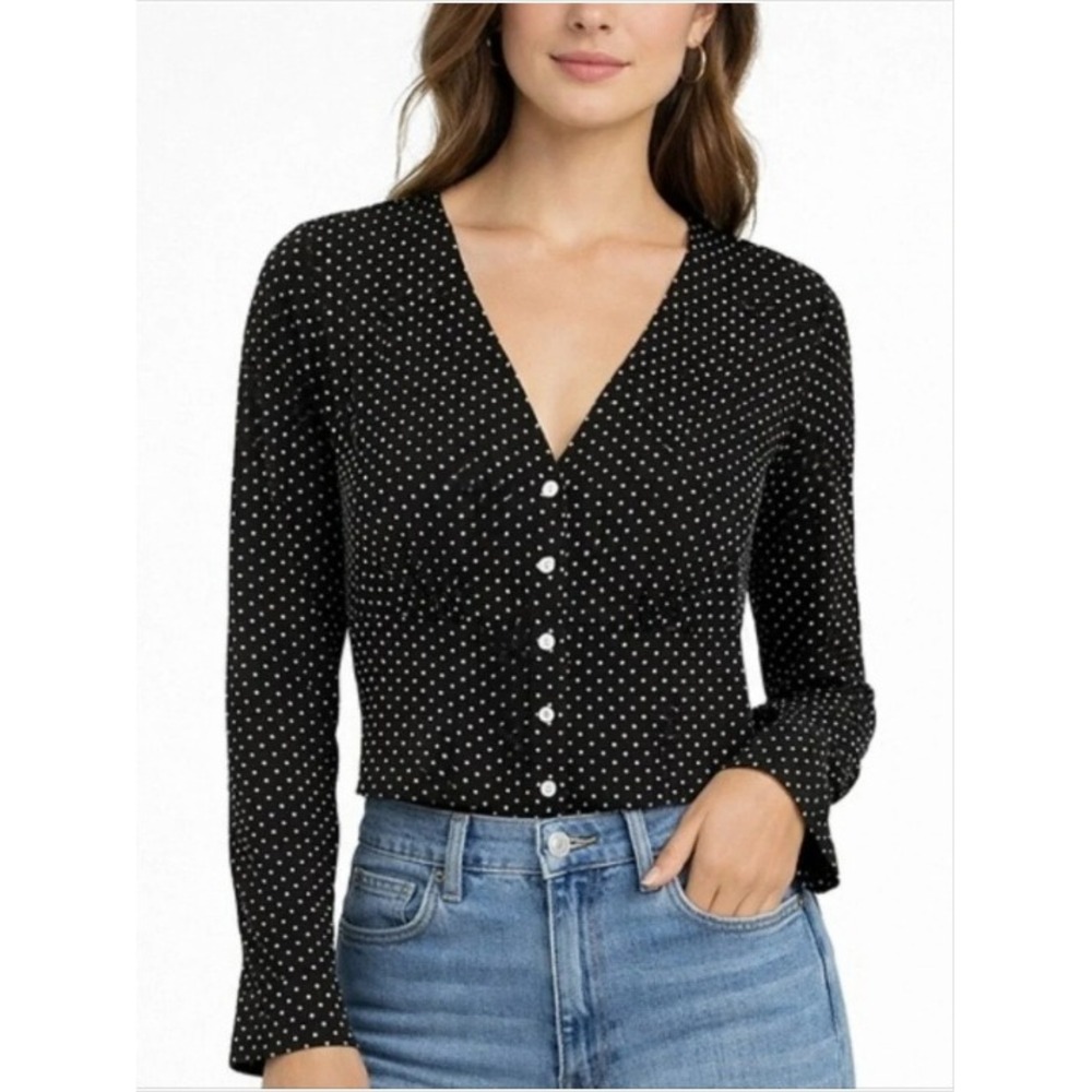 Madewell Polka Dot Blouse Button Front V-Neck Cropped Top Black White Size M